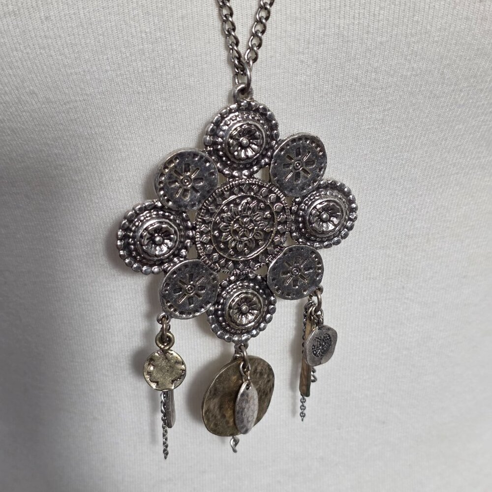 Chico's Etched Silvertone Medallion Pendant Necklace Mexican Inspired Boho - Picture 3 of 14